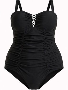torrid Black Ruched One-Piece Swim with Lace-Up Detail